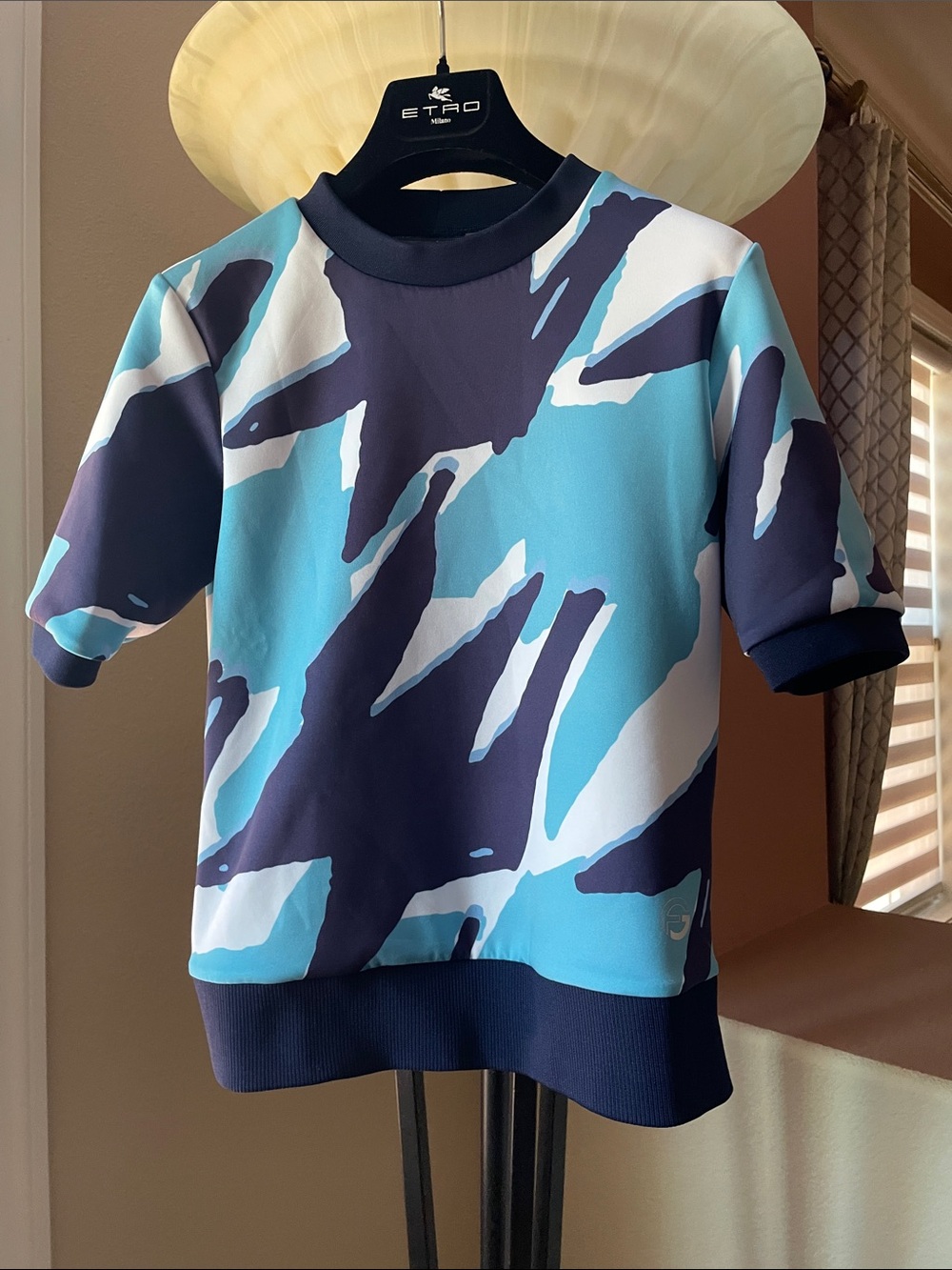 Foray Aqua Navy Abstract Print Short Sleeve Top